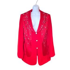 NWT Louise Ricci, red sating, double breasted, intricate‎ beading, blazer  sz 16